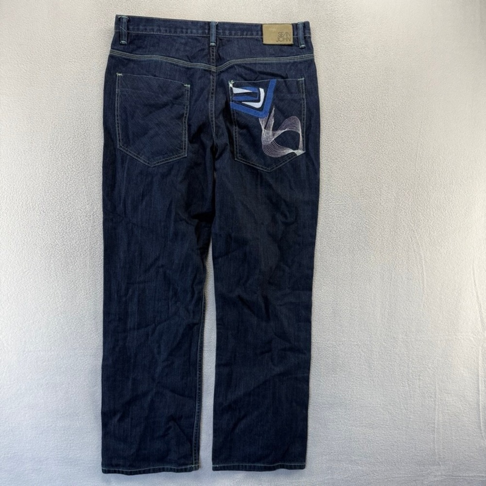 Vintage Sean John Jeans Mens 36x32 Blue Embroidered Pocket Baggy Hip Hop Y2K